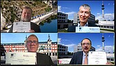 Screanshot von der Unterzeichnung der Verträge mit Bernd Hullerum (o.l.), Vorsitzender des Schulvorstandes der FEDA Madrid, und FEDA-Schulleiter Ingo Winter auf der linken Bildseite sowie Prof. Dr. Joachim Schmidt (o.r.), Studiengangleitung dualer Bachelor Logistik, sowie Hochschulpräsident Prof. Dr. Peter Mudra auf der rechten Bildseite (Bild: HWG LU).