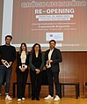 The new head of the HWG LU start-up office, Prof. Dr. Christina Stadler, surrounded by former students and company founders Jan Stratmann (BitterPower GmbH), Lena Geib (Lena Geib Photographie) and Simon Jäger (RE-ALIS GmbH).