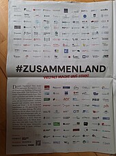 Zeitungsseite aus der ZEIT mit Logos der an der Kampagne #Zusammenland beteiligten Hochschulen 