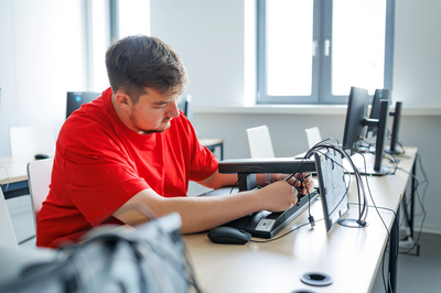 One person (trainee) sits in the computer room and connects cables to the back of a monitor. There are other workstations with monitors in the background.