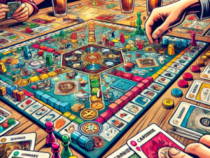 The cartoon-style image shows a close-up of a colorful game board with tiles, cards and tokens while several hands of players make their moves. Drinks and snacks are scattered around the board, creating a relaxed and sociable atmosphere.