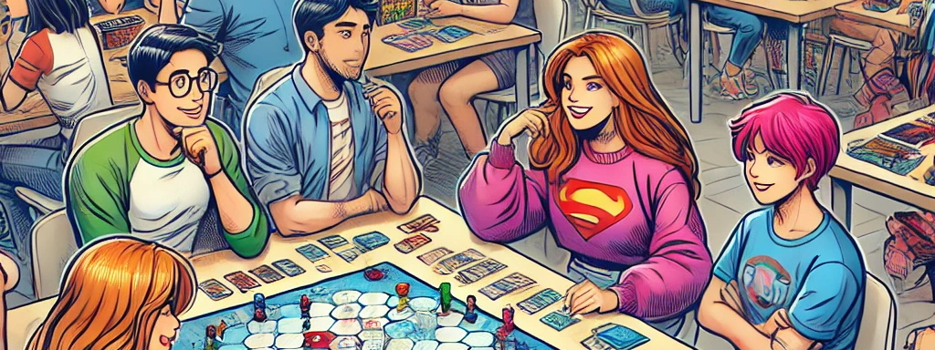 Das Comic-Stil-Bild zeigt eine lebendige Spielnacht an der HWG-LU, bei der Studierende und Mitarbeitende um Tische sitzen und verschiedene Brett-, Karten- und Tradingcard-Spiele spielen. Die fröhliche Atmosphäre wird durch bunte Spielelemente und dynamische Interaktionen zwischen den Teilnehmenden unterstrichen.