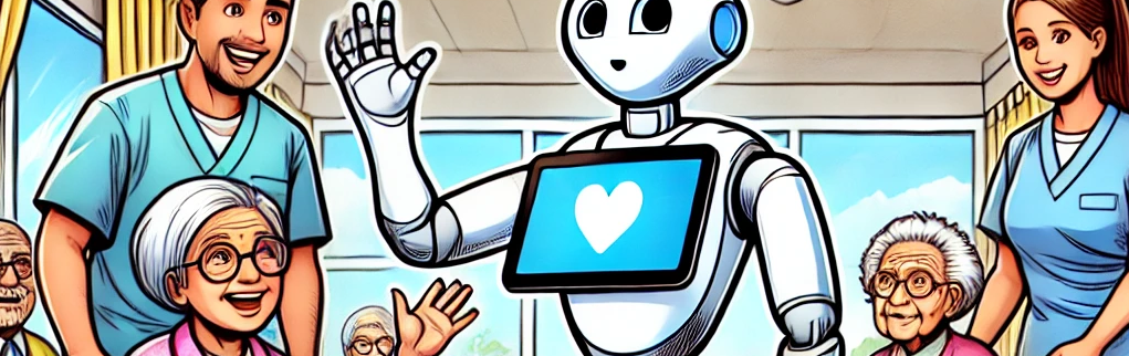 The humanoid robot Pepper interacts in a friendly manner with senior citizens in a care facility, surrounded by smiling residents and care staff. The scene shows a warm, lively atmosphere in a comic-like style.