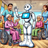 Der humanoide Roboter Pepper interagiert freundlich mit Senioren in einer Pflegeeinrichtung, umgeben von lächelnden Bewohnern und Pflegepersonal. Die Szene zeigt eine warme, lebendige Atmosphäre in einem comicartigen Stil.