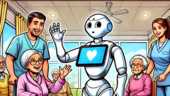 The humanoid robot Pepper interacts in a friendly manner with senior citizens in a care facility, surrounded by smiling residents and care staff. The scene shows a warm, lively atmosphere in a comic-like style.