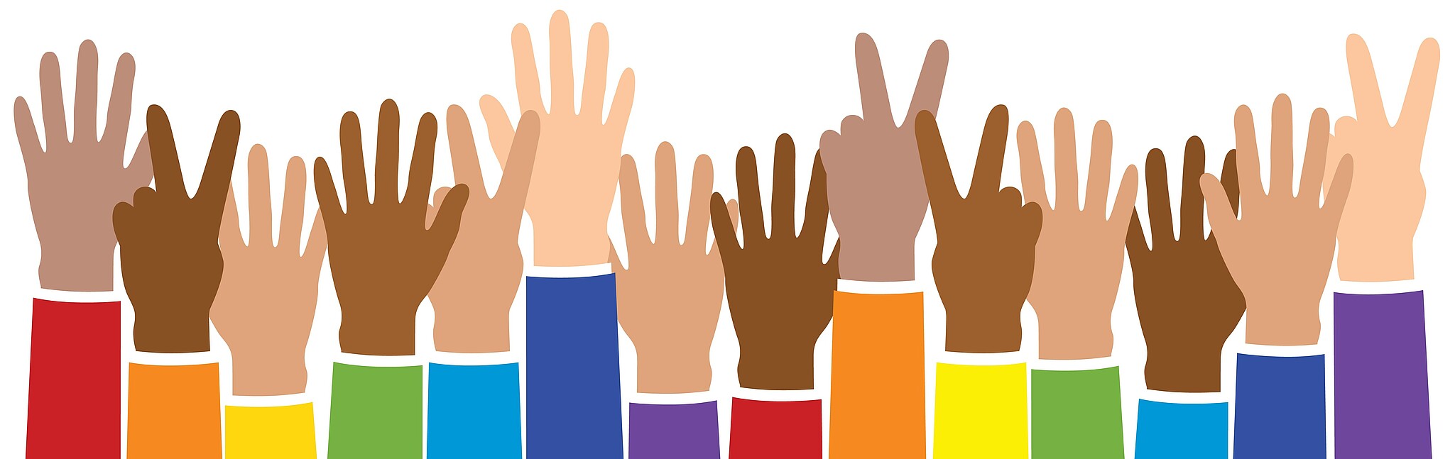 Graphic with hands in all skin colors and colorful sleeves.