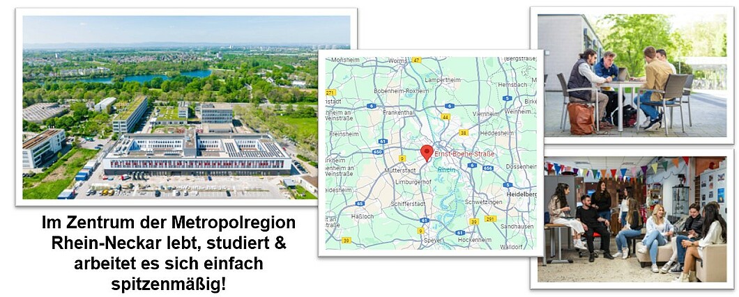 A picture collage on the subject of "Studying in Ludwigshafen". The left-hand side shows a bird's eye view of the campus, with the various buildings clearly visible. In the middle is a map of Ludwigshafen, on which the location of the university is marked. On the right-hand side are two pictures of students meeting and communicating with each other at various locations around the university.
