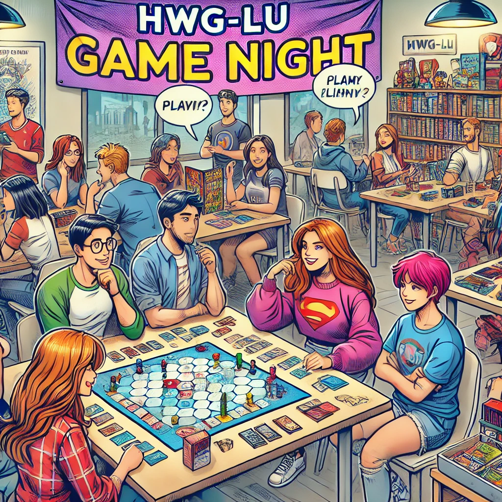 Das Comic-Stil-Bild zeigt eine lebendige Spielnacht an der HWG-LU, bei der Studierende und Mitarbeitende um Tische sitzen und verschiedene Brett-, Karten- und Tradingcard-Spiele spielen. Die fröhliche Atmosphäre wird durch bunte Spielelemente und dynamische Interaktionen zwischen den Teilnehmenden unterstrichen.