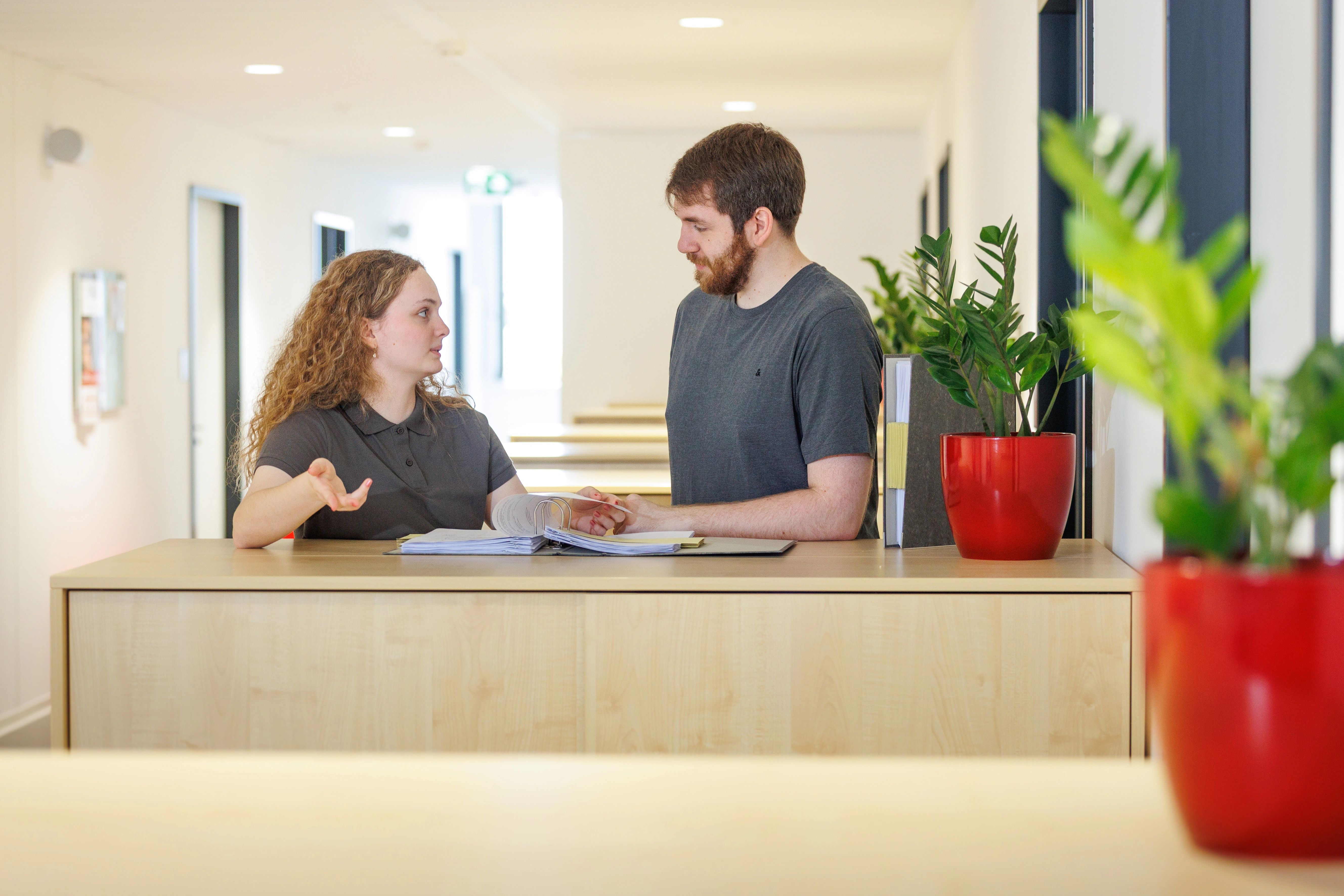 Two trainees stand at a counter in the bright university corridor and discuss documents in an open folder. There are green plants in red pots on the counter.